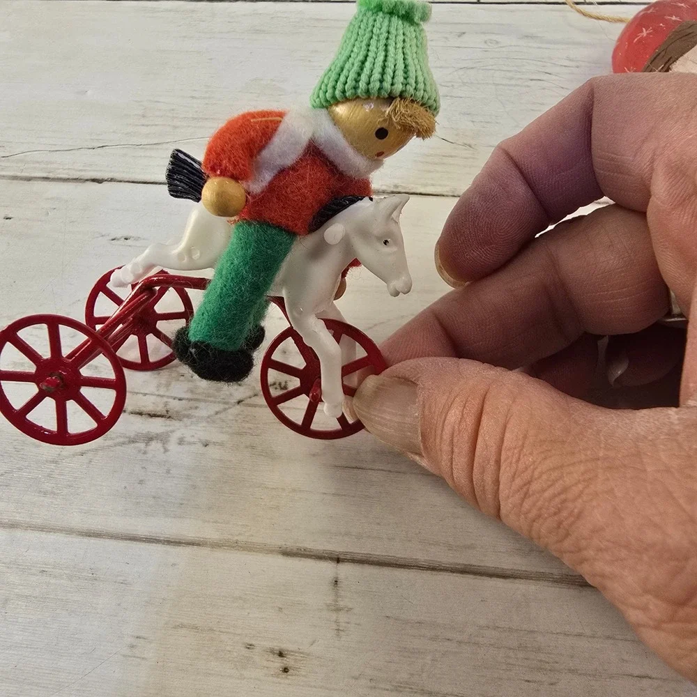 Vintage Christmas Ornament Set Hand Carved Wood Santa Moon and Boy on Tricycle
